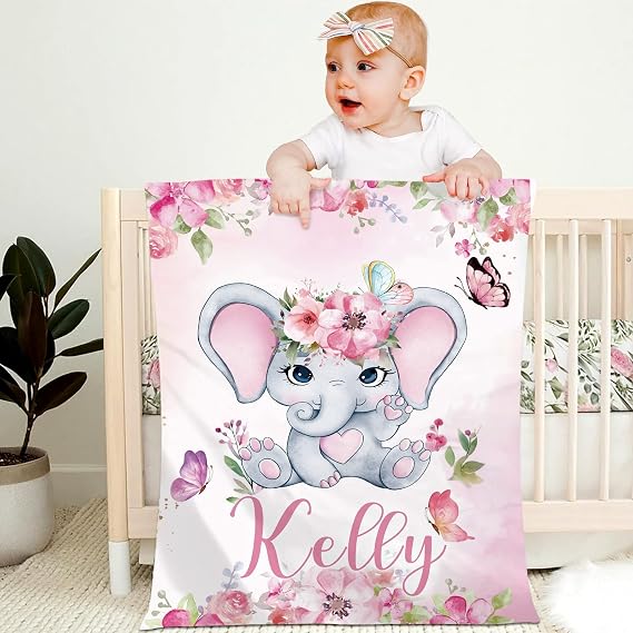 Personalised Baby Blanket with Name Custom 90x120cm Children Girl Boy Kid Throw Blanket Soft Cozy Flannel Name Blanket Animal Elephant Panda Gifts for Newborn Toddlers Adults Birthday Christmas,C