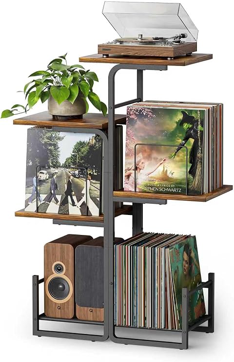 Bikoney Planter-Inspired Record Player Stand with Vinyl Storage | Holds up to 150 LPs, Vintage Turntable Stand with Album Storage, Easy Access, Anti-Vibration Sturdy Frame, Easy Assembly