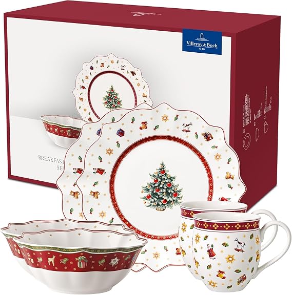 Villeroy & Boch Toy's Delight 6 Piece Breakfast Set | Red and white porcelain breakfast set, wipes clean with a damp cloth, for a Christmas morning for two