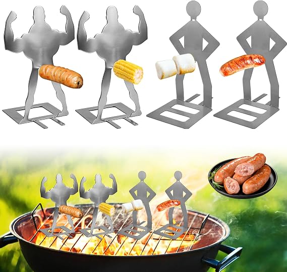 4PCS Funny Hot Dog Holders, Stainless Steel BBQ Sausage Holder Stand, Novelty BBQ Grill Gadgets Gifts for Men Dad Husband, Camping Outdoor Barbecue Rack