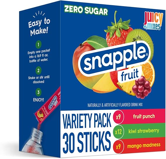 Snapple Powder Drink Mix Variety Pack - 30 Powder Sticks | Assorted Flavors, Zero Sugar | On-the-Go Hydration for Refreshing Beverages