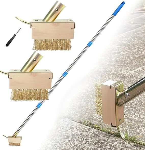 Weed Brush, 63" Strecheble Long Handle Patio Weed Remover Tool Stainless Steel Weed Brush For Block Paving Grout Deck Paver Walkway Driveway(2 Weed Brush Heads Include)