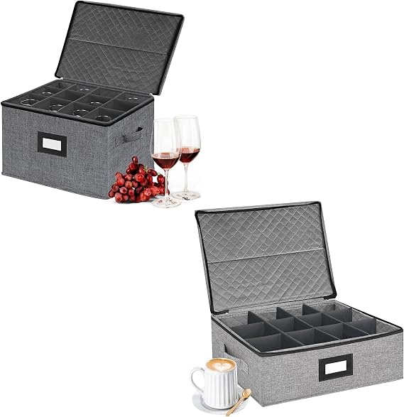 China Storage Containers - Stemware Storage Box,Cups, Tea Mugs Sets Storage Box with Lid and Handles Hard Shell and Stackable(Grey)