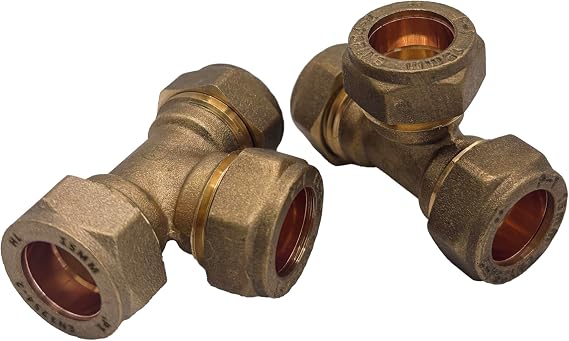 PlumbEZ WRAS Approved 15mm Brass Compression Tee Fittings – Pack of 2 Heavy-Duty Tee Pipe Connectors for Copper, Plastic & Chrome Pipe – Heat-Free Installation, Leak-Proof BSP Compression Joint