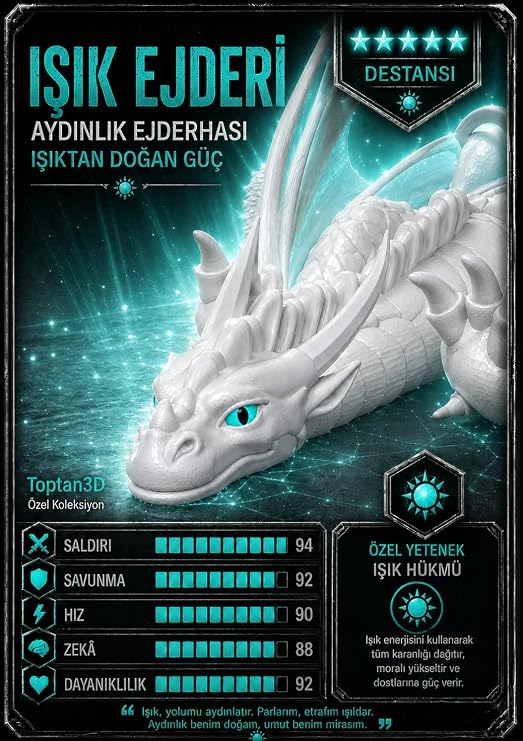 (Mega Boy) Turkuaz Gözlü Beyaz Işık Ejderhası Hareketli Figür - Hareketli Eklemli Oyuncak Ejderha Figürleri