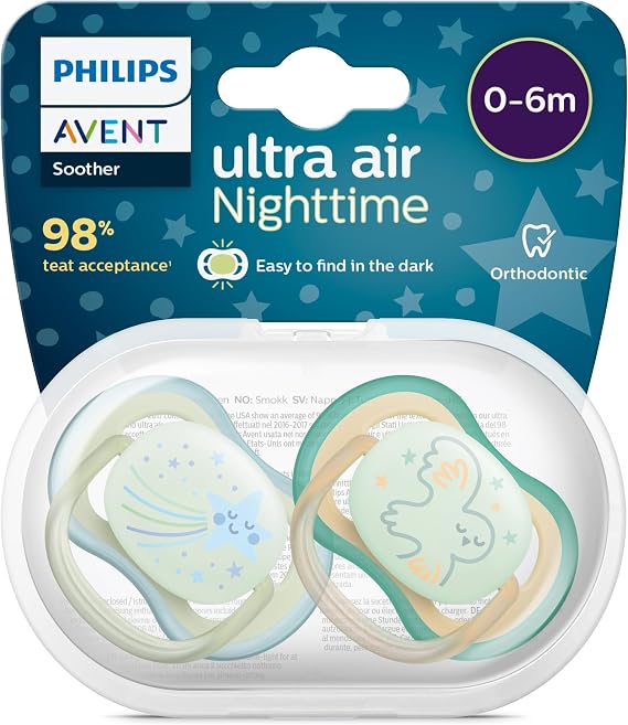 Philips Avent Ultra Air Night Pacifier 0-6 Months, 2 Pack, Male