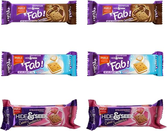 Parle Fab Combo Pack – 6 Packs (2 Chocolate, 2 Vanilla, 2 Strawberry) – Cream Filled Biscuits – Delicious Cookies Snacks for All Ages - Treat For Kids, Teenagers & Adults