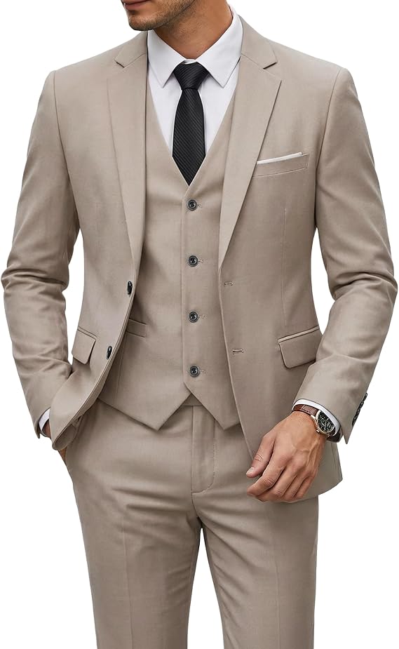 Men's 3 Piece Suit Set with Tie, 2 Button Slim Fit Solid Blazer Jacket Vest Pants, Business Wedding Party Suits for Men