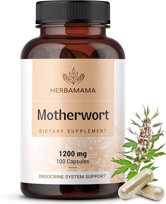 HERBAMAMA Motherwort Capsules Natural Menopause Supplements* for Women 1,200mg Motherwort Herb Powder per Serving for Women's Mood & Calm Support Vegan, Non-GMO 50-Day Supply