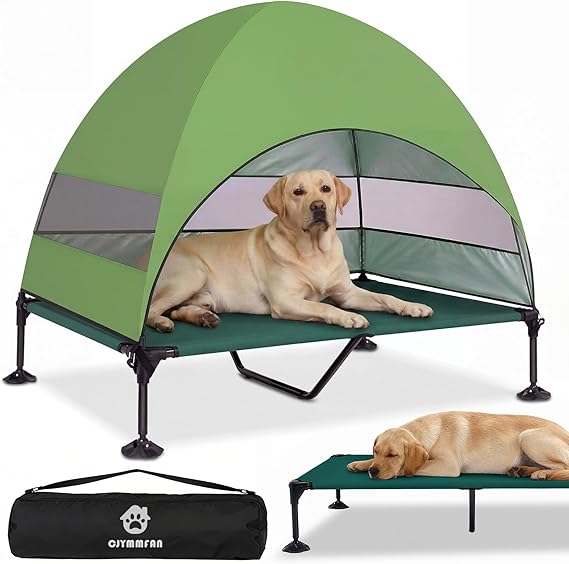 Elevated Dog Bed with UV-Proof Canopy, Raised Outdoor Dog Tent with Powerful Anti-Slip Feet, Portable Pet Cot with Wider Shade, Raised Cooling Bed for Camping, Backyard, Beach (Green, XL)