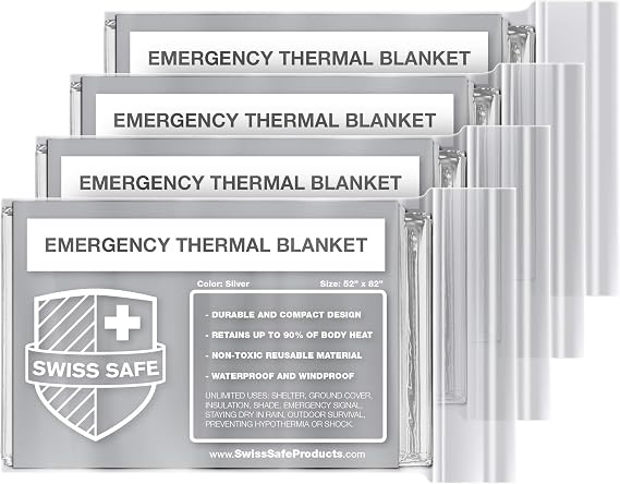 Swiss Safe Emergency Blanket for Camping, Car, First Aid, Survival, 4 Pack