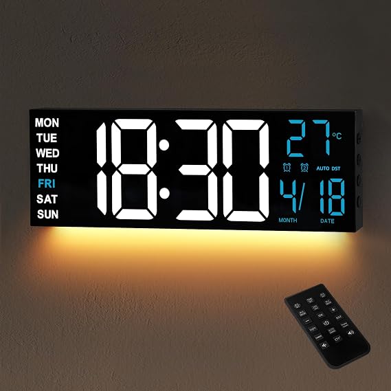 16IN Large Digital Wall Clock, 8 RGB Color Display, Auto DST, Clocks for Living Room Decor, Smart Clock Office, Bedroom, Gym Timer