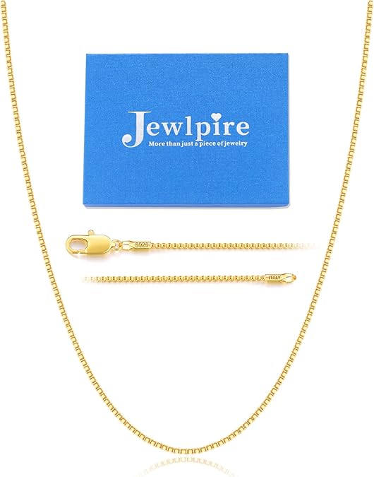 Jewlpire 14-26 Inch 1.3MM Gold Plated 925 Sterling Silver Box Chain Necklace for Women, Thin Women's Chain Necklaces