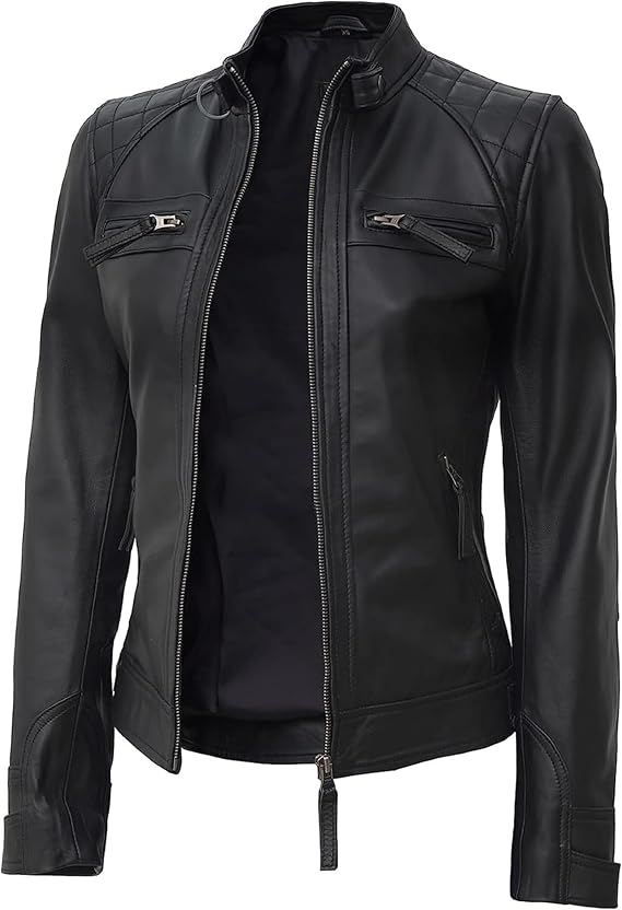 Decrum Real Lambskin Cafe Racer Leather Jacket Women Moto Style