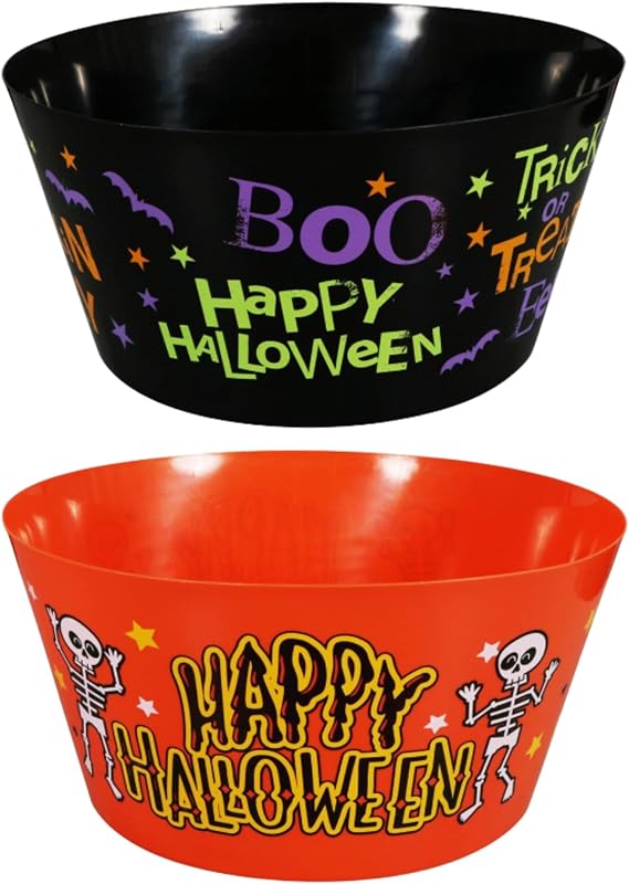 LLE Halloween Plastic Serving Bowl, Black Orange Candy Bucket, Trick or Treat Snacks Fruit Dessert Candy Holder Spooky Treats Serving Dish Home Birthday Party Table Decor Set of 2 with Bonus MYTYJAY