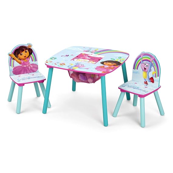 Delta Children Kids Table and Chair Set With Storage (2 Chairs Included) - Ideal for Arts & Crafts, Snack Time, Homeschooling, Homework & More, Nick Jr. Dora the Explorer