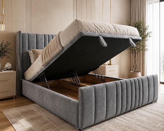AL SULTAN Small Double Ottoman Bed with Mattress, Luxury Wingback Headboard, Upholstered Velvet 4FT Small Double Ottoman Divan Bed Frame with Gas Lift Storage - Grey Plush