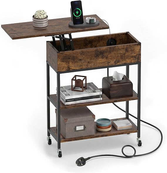 COSTWAY Lift Top Side Table with Charging Station and Wheels (Rustic Brown)