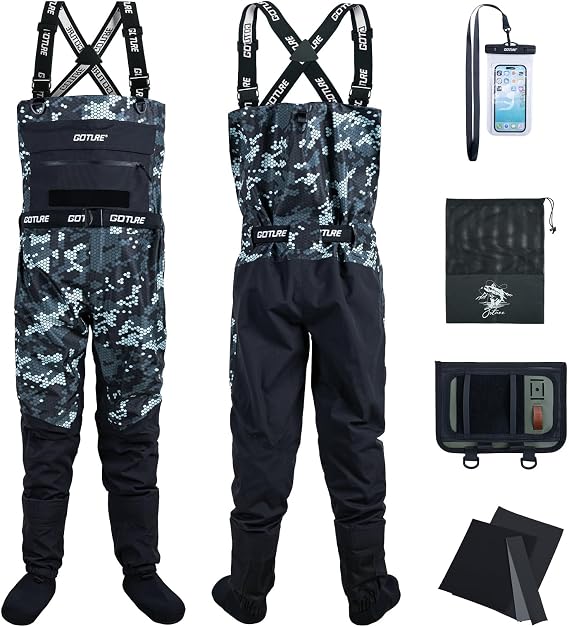 Goture 5-Layer Waterproof Stocking Foot Waders, Breathable Fly Fishing Waders for Men Women, Multiple Storage Pockets 5 Sizes
