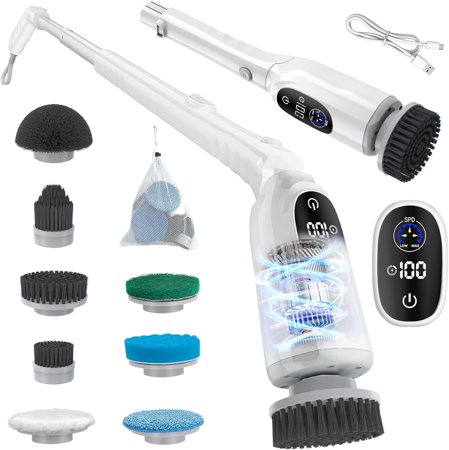 Electric Spin Scrubber, 2025 Upgraded Cordless Bathroom Scrubber with Adjustable Telescopic Handle, 8 Brush Heads, LED Display, 3 Speeds, IPX7 Waterproof Bathroom Electric Shower Cleaning Brush