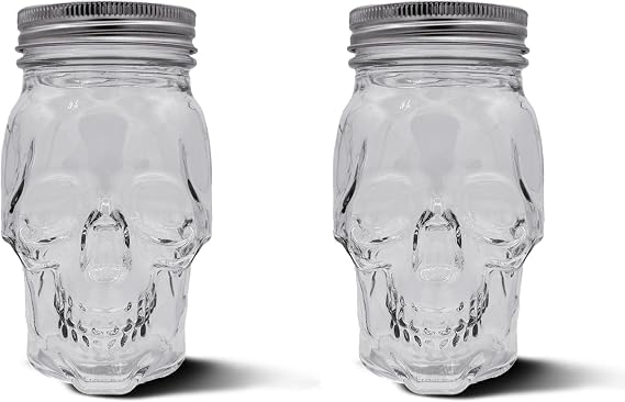 DURA LIVING Set of 2 Skull Mason Jar Glasses with Lids | 16oz Reusable Halloween Drinking Glasses | Unique Skull Decor, Storage, Canning Jars for Parties & Gifts
