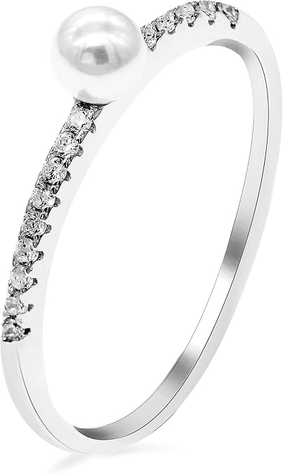 Uloveido Women's 925 Sterling Silver Half Eternity Band Simulated Pearl Solitaire Accent Stack Anniversary Ring for Women1.2g WE248