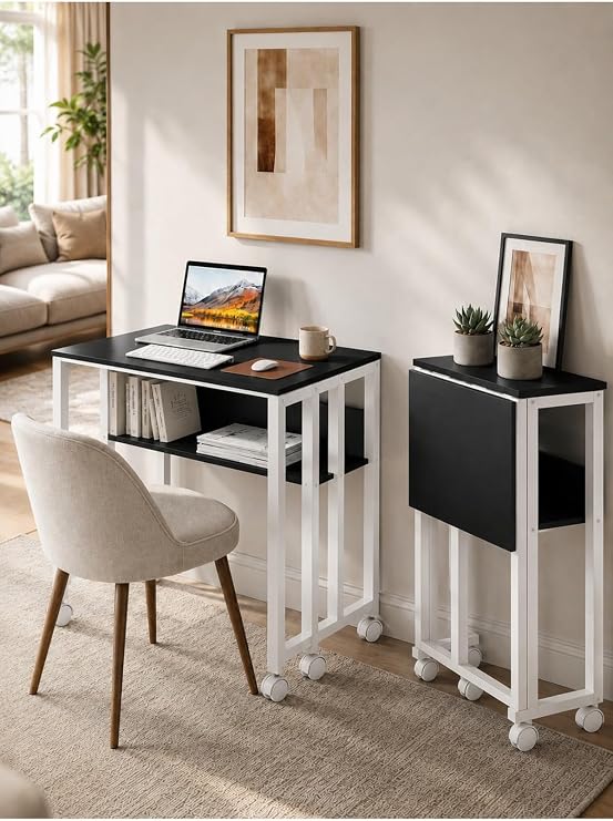 Sidney Kitaplık Raflı Katlanır Masa 70 cm Tekerli Bilgisayar Masası Laptop Masası, Beyaz - Siyah