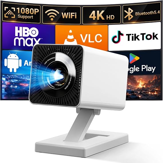 Mini Projector for Bedroom Portable with WiFi 6 and Bluetooth 5.4 Built-in Apps 1080P 4K Support Movie Auto Keystone Ceiling Projector