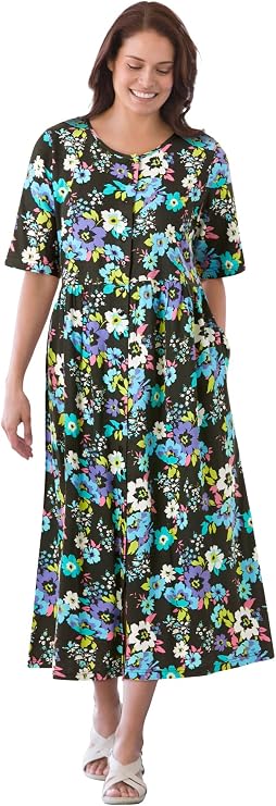 Woman Within Button-Front Elbow-Sleeve Knit Dress