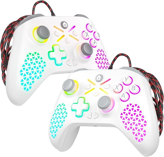 Nonbliep LED Lighting 10ft Wired for Xbox Controller, Compatible with Xbox Series X|S, Xbox One X|S, PC, Steam, Wired Gamepad with Turbo/Macro Function/Dual Vibration/3.5mm Audio Jack White 2 Pack