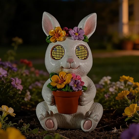 Garden Statues Rabbit with Solar Moving LED Eyes Outdoor Bunny Figurines Decorations for Patio Yard Lawn Ornaments Gifts for Birthday Easter Housewarming (Bunny)