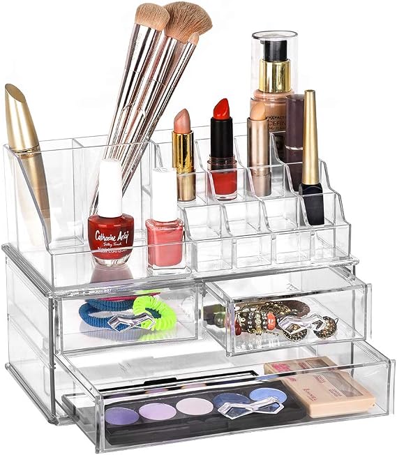 Eynel Transparent Makeup Material Organizer Large Crystal Makeup Table Organizer Cosmetic Organizer Box Beauty Material Organizer (set of 2)