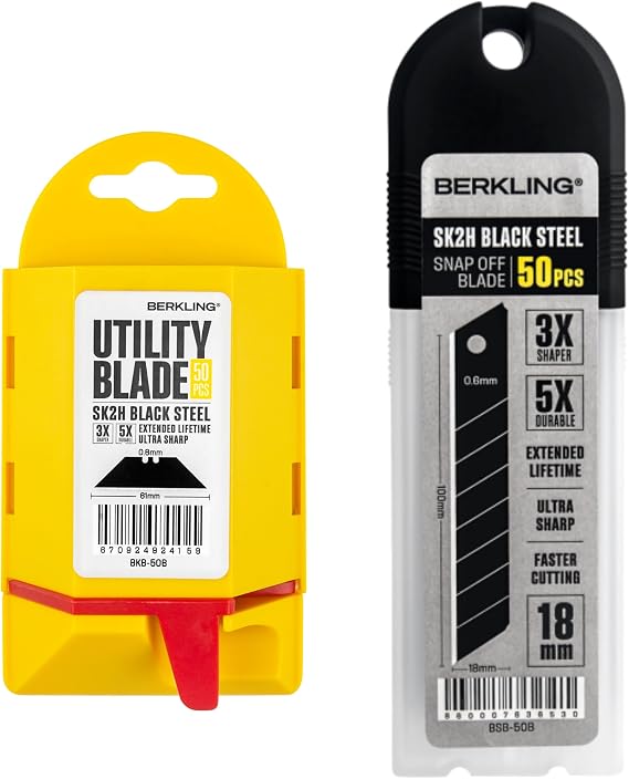 Berkling Utility Knife Blades Bundle: 18mm Utility Knife and Standard T-shaped Black Carbon Steel 100-Pack with Dispenser, SK2H Laser Sharpened, Ultra 3X Sharper, and 5X More Durable, Fits Most Cutter