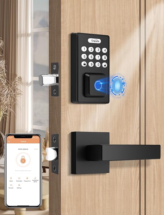 Tinewa Keyless Entry Door Lock with 2 Lever Handles, Fingerprint Entry Door Handleset, Electronic Digital Keypad Deadbolt with App, Auto Lock & One Touch Locking, Front Smart Door Handle Sets, Black