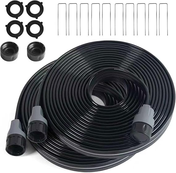 2-Pack Sprinkler Hose with Holes 15 Ft, Flat Soaker Hose 30 ft with Garden Staples, Drip Irrigation Hoses for Lawn, Watering Hose System (Black, 30 ft(15ftx2pack))