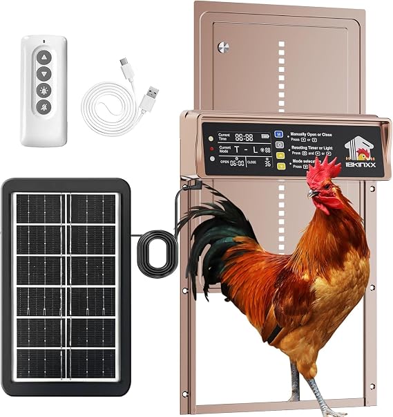 Automatic Chicken Coop Door Solar Powered, 4 Modes Automatic Chicken Door Solar, Anti-Pinch & Weather Proof Coop Door with Remote Control