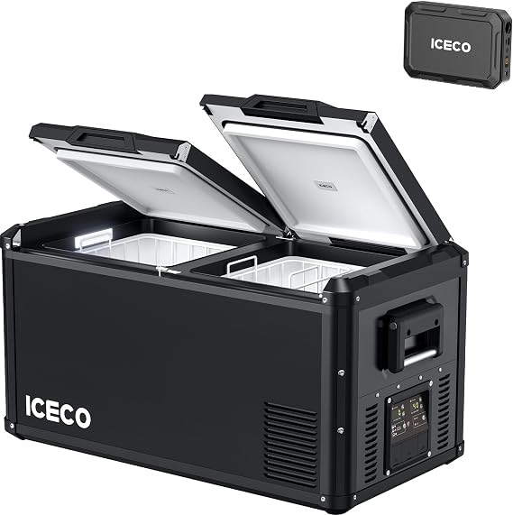 ICECO VL75 ProD Portable Fridge Freezer, 12V Dual Zone Refrigerator Powered by SECOP, Dual USB & 12/24V DC, 110-240V AC, 0F to 50F, Compressor Cooler for Car, RV, Outdoor Use| with 250wh Battery