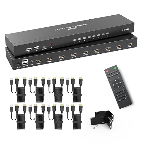 MT-VIKI 4K@60Hz KVM Switch HDMI 8 Port w/8 Cables & 3.5mm Audio, Rack Mount KVM Switch, 4 USB 2.0,HDMI 2.0,HDCP 2.2 for 8 Computers/Servers, Fit 1U 19'' Rack