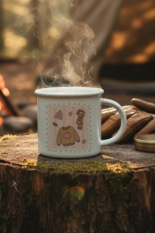 Sonbahar Temalı Kıyafetler Baskılı Enamel Görünümlü Seramik Vintage Kupa Bardak, QBV8164