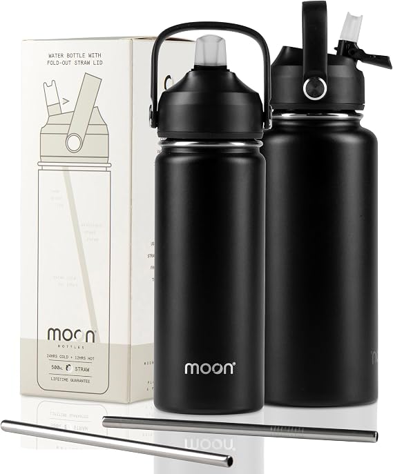 moon bottles - Insulated Water Bottle with Straw - Stainless Steel Sports Drink Bottle, Thermal Flask, 24hr Cold, 12hr Hot, Double Walled, Metal Straw, Silicon Spout, UK Company (500ml, Black)