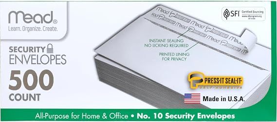 Mead #10 Security Business Envelopes Letter Size 4-1/8" x 9-1/2" Peel and Seal, Privacy Lined, No-Window, Press-It Seal-It Self-Adhesive for Home & Office Mailing, 500 Count (740010)