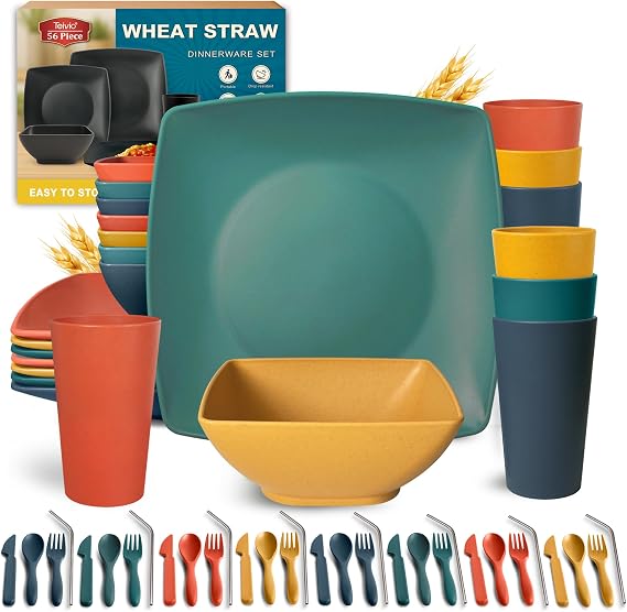 Teivio 56-Piece Plastic Wheat Straw Square Dinnerware Set for 8, Unbreakable Dinner Plates, Snack Bowls, Tumblers 13.5 oz, With Flatware,Dishwasher Safe, Outdoor Camping RV Dish, Autumn Multicolor