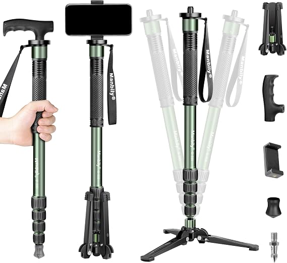 Manbily G-333 Olive Green Camera Monopod with Stand and Walking Stick Handle Aluminium 5 Sections up to 180 cm Hiking Poles Travel Monopod Compact Lightweight with Base Max 10 kg DSLR Camera