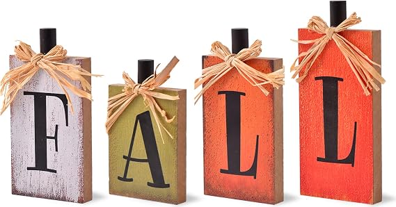Ovootok Fall Decorations for Home, 4 Pcs Rustic Farmhouse Home Decor Signs, FALL Centerpieces for Tables, Autumn Decor Sign Block Set for Thanksgiving Party Harvest Kitchen Tiered Tray Mantel (4