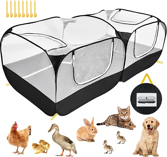 Jhua Small Animals Playpen Pet Cage Tent Large Chicken Run Coop with Detachable Bottom Breathable Transparent Mesh Walls, Foldable Pet Enclosure for Puppy Kitten Rabbits Indoor Outdoor Playpen