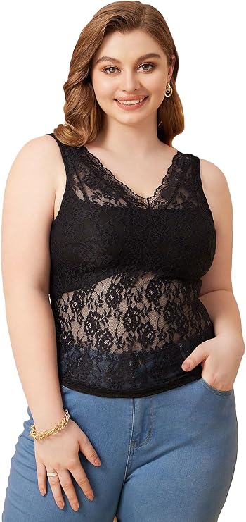 WDIRARA Women's Sheer Floral Lace V Neck Sleeveless Scallop Trim Tank Tops
