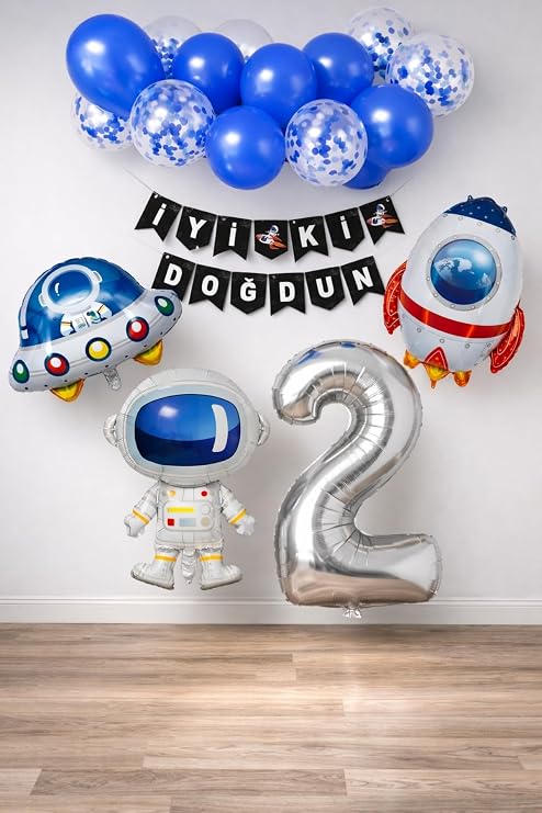 Patladı Gitti Uzay Konsepti Doğum Günü Parti Kutlama Seti; Astronot, Ufo Ve Uzay Gemisi Folyo Balon Set (2)