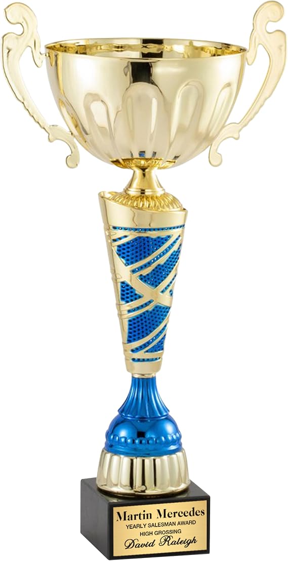 SHOP AWARDS AND GIFTS 17-1/4 Inch Gold with Blue Accents European Style Trophy Cup, for Tournament, Championship, Prizes and Gifts, Corporate Award, Unisex, Can Be Personalized
