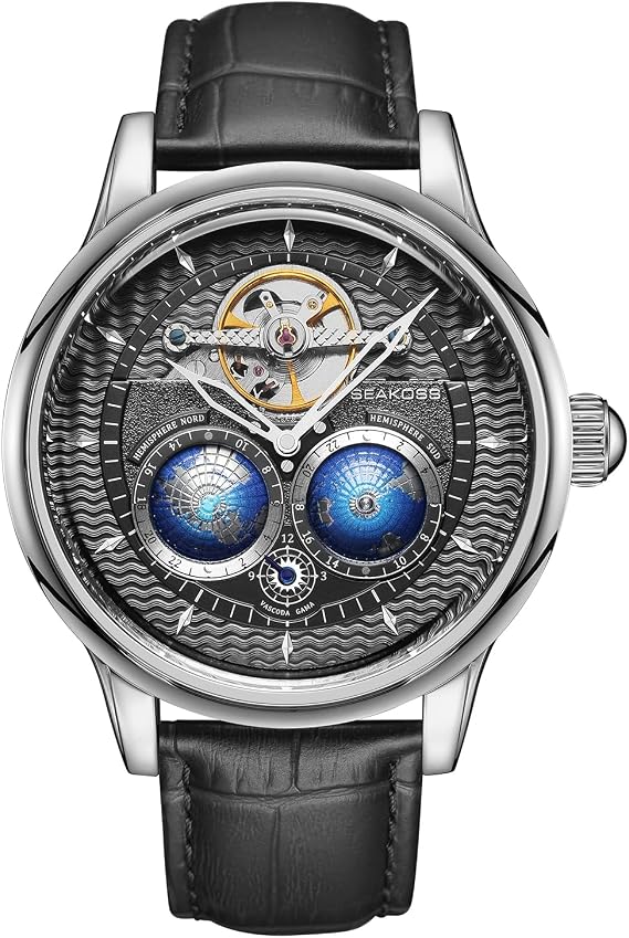 SEAKOSS Luxury Automatic Mechanical Watch for Men, 47mm Skeleton Dress Watch with Dual Hemisphere Dial, Self Winding Movement, Genuine Leather Strap, 5ATM Waterproof
