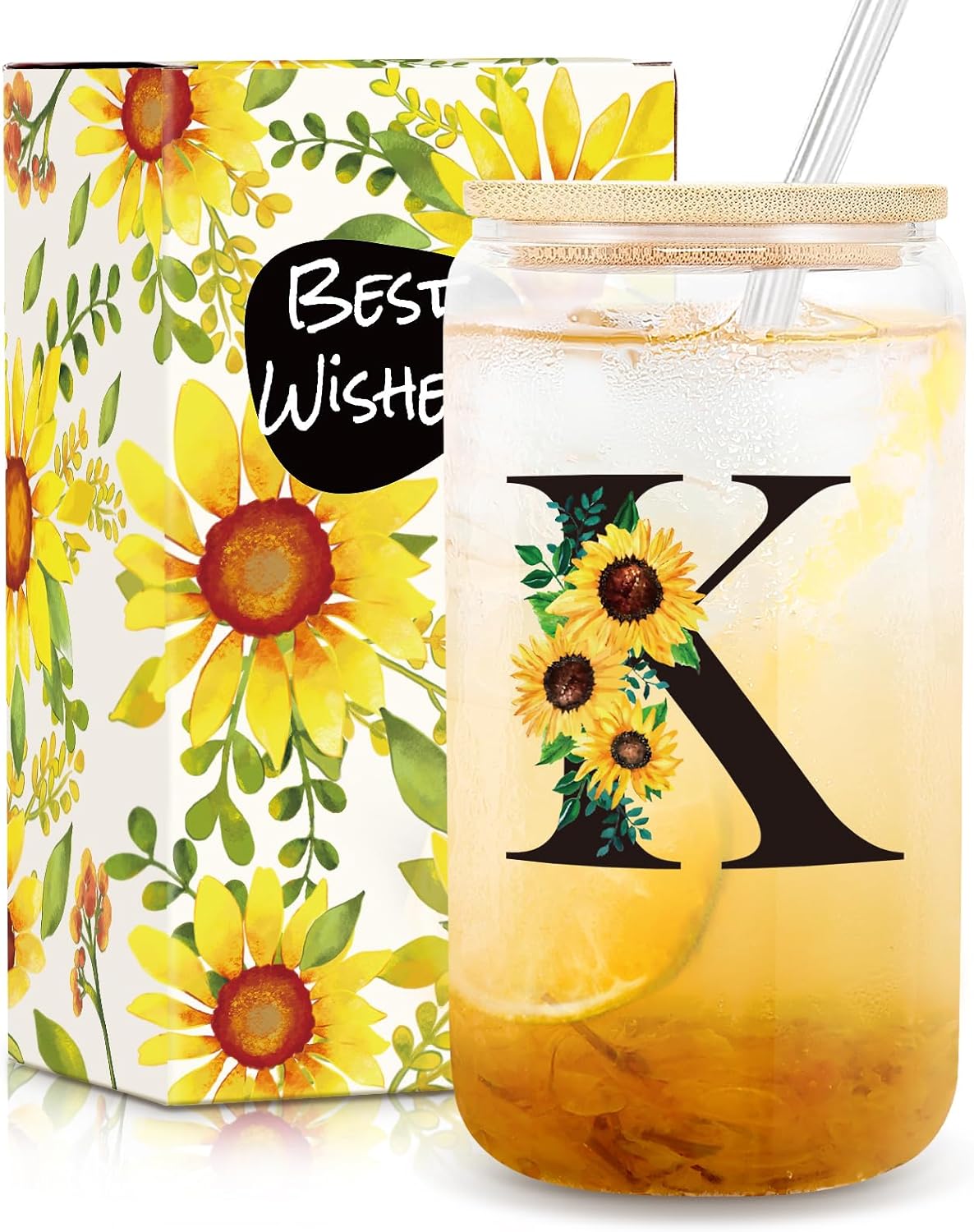 Birthday Gifts for Women, Initial Glass Cups W Lids and Straws, Sunflower Gifts for Women, Personalized Gifts, 16oz Glass Tumbler Cups WStraw Lid, Monogrammed Gifts, Birthday Gifts for Her Mom - K
